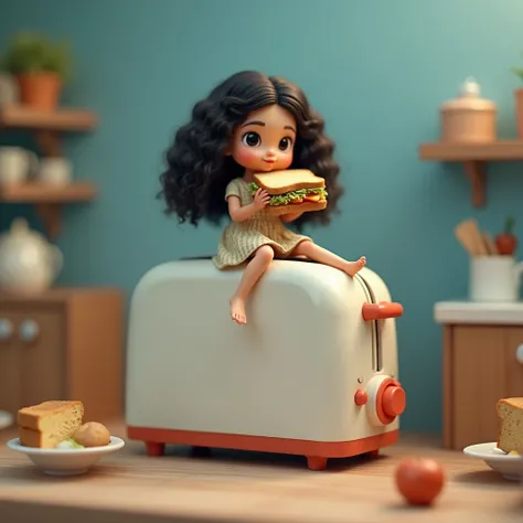 In a dollhouse kitchen, cute miniature long curly black hair girl sitting on big toaster and eating tiny sized sandwich which is too small. Give it a blue background wall and look realistic