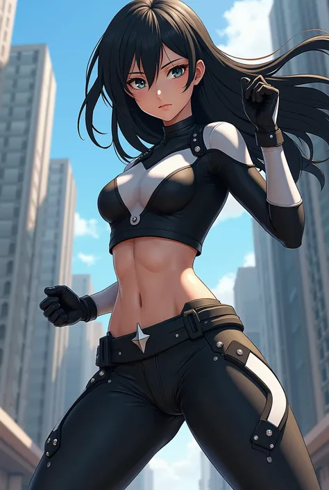   My Hero Academia style ,     anime girl  , woman, young woman ,    full body shot  ,(  Fighting Stance  :1.3),Long Hair,  black hair,    dark eyes ,  hero suit, Full Body Suit,  black suit with white details , perfect anatomy,  Reinforced ABS ,  super de...