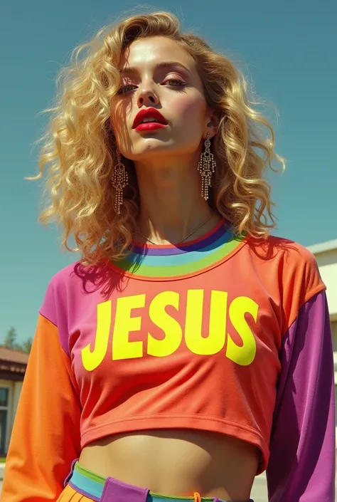 Jésus christ gay homosexuel au long cheveux blonds boucle doreille créole avec des vêtements multicolore du rouge a lèvres et du vernis et un crop top écrit en gros et en jaune sur son vêtement Jésus 