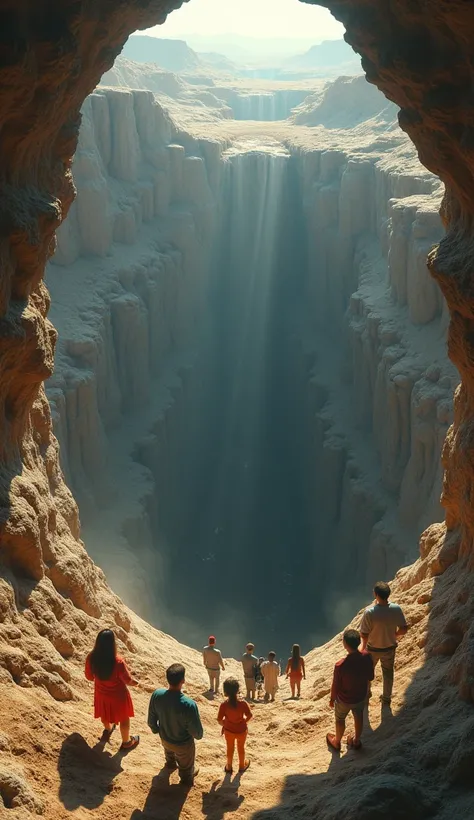 A highly detailed, ultra-realistic 4K scene of a massive circular hole in the ground, surrounded by people gazing down at it with curiosity and awe. The holes interior reveals deep, jagged cracks and layers of rock, extending down to an intimidating and se...