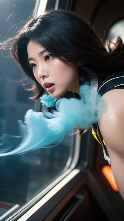 A low-angle shot of an Asian woman with a fierce expression, her hair blowing in the wind as she fires a high-tech gun while descending from a futuristic helicopter. She is dressed in cosplay, with colorful smoke swirling in the background. The overall sce...