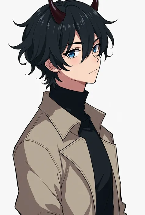 A young man with black hair, blue eyes, and devil horns turned his head to the side. His hair is as long as and wore a black turtleneck and a cream long-sleeved shirt. anime line