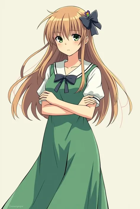 A neon genesis evangelion oc reference sheet with a teenage () female oc her hair fully down a ponytail with bow on left side of her hair. A hand holding another hands elbow Japanese middle school uniform full dress green coloured. Serious face full body. ...