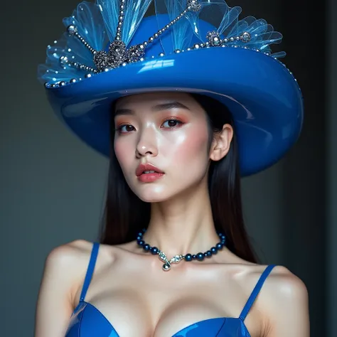 sexy erotica, (large cleavage,Big tits),(1 girl,korea face sexy 18 year old girl , pale skin, (body heigth:140cm), innocent look, Young face, Runway + Full-body shot of an Asian supermodel wearing a blue hat, made from shiny plastic and silver beads, in th...