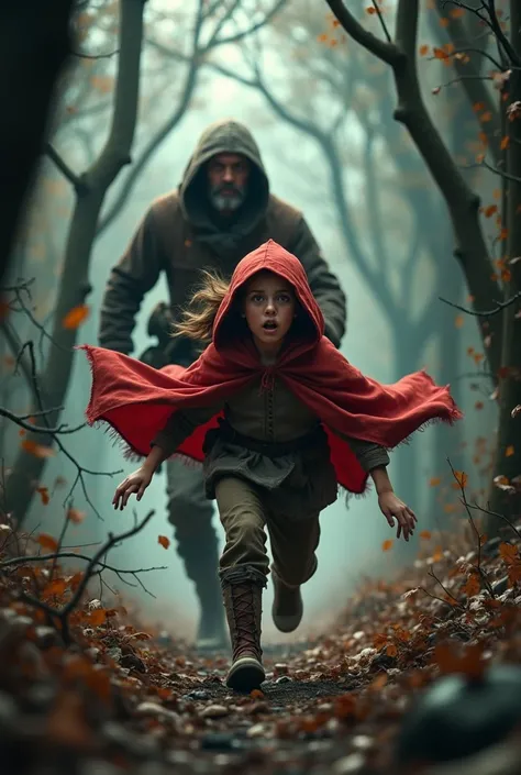 Scared Little Red Riding Hood running with the hunter