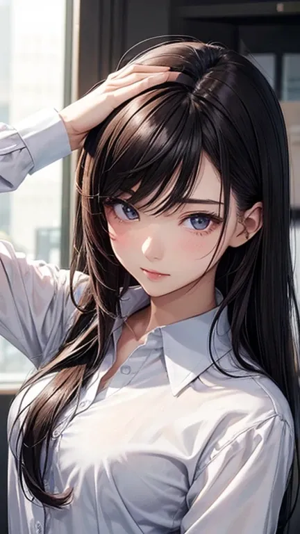 Business shirt  、Random  pose、chest up, 20-year-old woman、s lips:A sexy、Hair color: Dark brown、Translucent skin， the skin is fair 、Random Hairstyles、Medium hair、Moist eyes、Gentle eyes、、Slim and soft、Gentle look、the background is blurred ,  random eye color...