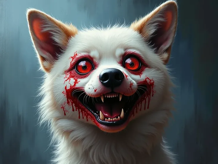 a painting of a wolf with a bloody face, ebay listing thumbnail, realistic horror, necromorph, the artist has used bright, streaming on twitch, white fog painting, “portrait of a cartoon animal, creeptastic, cute dog, inspired by Simon Bisley, scary smile,...