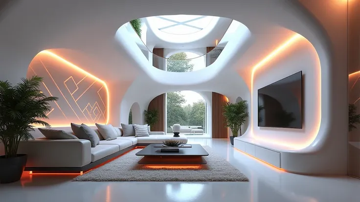 "Futuristic and luxurious modern living room with a high-ceiling open layout, showcasing sleek, curved architectural designs and glowing ambient lighting. The room features a stylish sofa and coffee table with metallic and glass elements, contemporary furn...