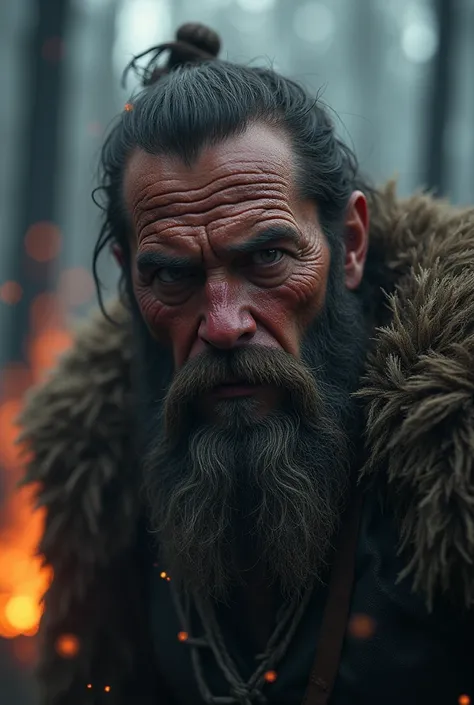 The more sadness nightmare of a bearded mountain man, burn forest, Celtic knot patterns, complementary colors, depth of field, Dutch angle, motion lines, action painting cinematic film light, expressive eyes, ultra-realistic, ultra detailed, photorealistic...