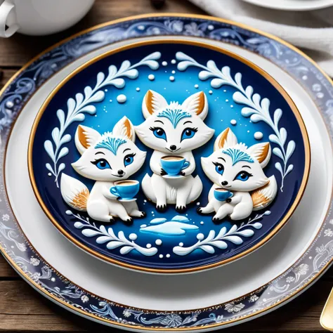 Cute cartoon style, masterpiece in maximum 16K resolution, close up of majestic cookies (shaped as arctic foxes). | (On an elegant rustic plate), a hot coffee. | Vivid blue eyes, delicate nature ornate. | ((More_Details))