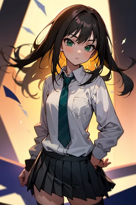  1 girl , solo,  high definition , upper body, front, Rin Shibuya, black hair, (green eyes:1.5), long hair, black skirt, black socks, collared shirt, green necktie, kneehighs, long sleeves, miniskirt, necktie, pleated skirt, school uniform, shirt, skirt, s...