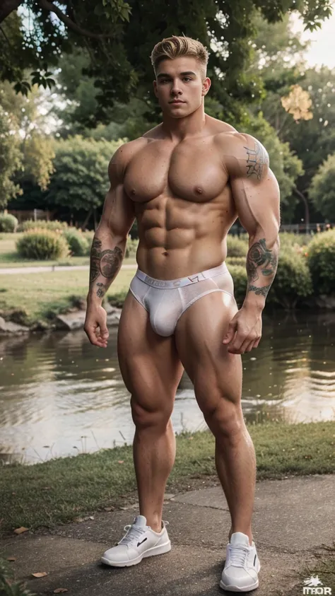 white hunk teenage man ,    , young face, hunk body, blond curly hair, fixed green eyes, sharp features, no facial or body hair, height 1.87, weight 100kg, muscular aesthetic build , six pack , broad shoulders, wide back ,V-shaped body , male focus, muscul...