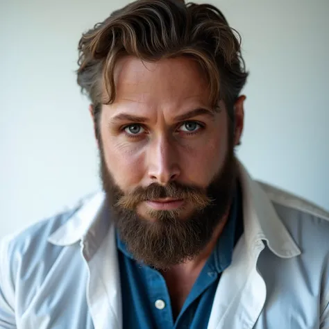 arafed man with a beard and a white shirt looking at the camera, similar to Ryan Gosling but not exact, cinematic portrait, masterpiece, realistic photo, ultra HD, studio portrait, 50 mm portrait, wearing blue shirt, day light, sculpted chin a stark contra...