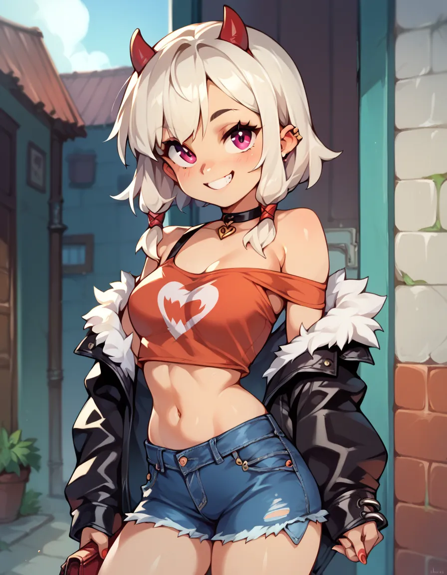 1girl,loli,denim skirt,off shoulder,evil smile