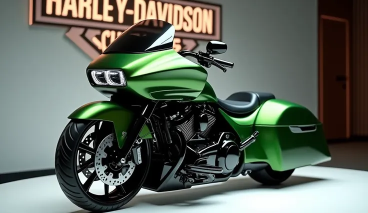 Generate a high-resolution, fully realistic image of a ( 2025 Harley-Davidson CVO Road Glide) in ( green) , with a sleek and modern exterior, futuristic wheels, and a shimmering body color, displayed in a luxurious showroom with a large logo on the back wa...