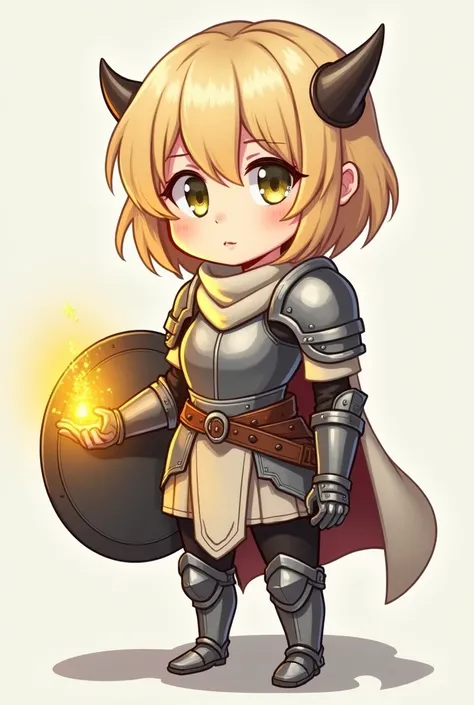 a white girl, about 20 years old, with short blonde hair, she wears metal armor with a shield strapped to her left arm, while her right hand emanates a yellowish aura, she wears clothes in neutral tones, she has a serious expression, the shield is circular...