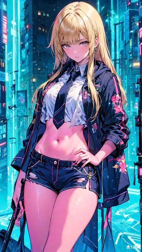   Woman with Long Hair and Jacket Poses in the City,  Cyberpunk Anime Girl Wearing Hood ,  urban girl fan art , Torn clothes,  Anime Style, 美しい digital artワーク, Style Ross Tran ,  bra y shorts streetwear ,  digital art. @mariomaniacdude,  Realistic Anime 3D...