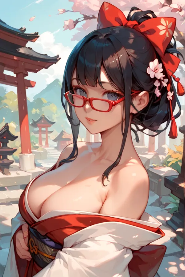 black hair, long hair, glasses, red kimono, japanese shrine, shrine visit