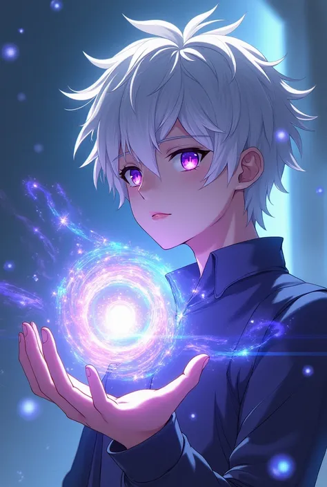 Inspired by the anime and manga seirei gensuki: Young male adult aged 18, messy white hair, violet eyes, stomach 1.77cm., black set like a long coat, It would be a kind of large floating magic mark with a representative shape of space , Likewise the young ...