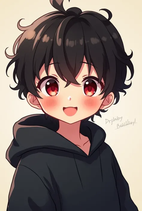   1 boy , High definition , curly hair ,  looks at the viewer,  Smile , Blushing,  red eyes, in profile,  Best quality, masterpiece, anime,,  oversized black sweatshirt,  black hair, cute face