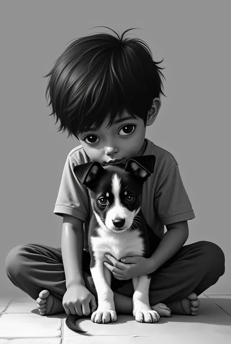 Realistic black and white , realistic, From an eight-year-old boy ,  Brasileiro,  black hair ,  sitting on the floor ,  with a black and white puppy, ears raised, Looking like an eight-year-old boys terrier . 