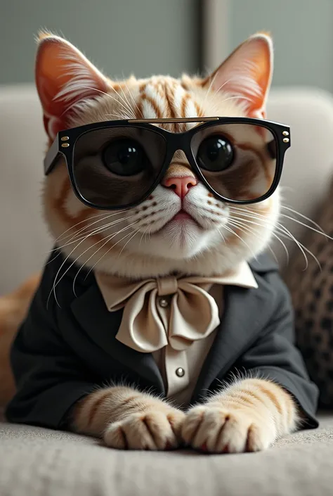 A picture of a cat wearing a ridiculously oversized pair of sunglasses and lounging in a stylish outfit.
