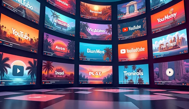 "A dynamic display of YouTube thumbnails for trending topics like travel, unboxing, music, and tutorials. The thumbnails are bold and colorful, with high contrast and clear titles to grab attention. Include text like CTR-Boosting Thumbnails for Success and...