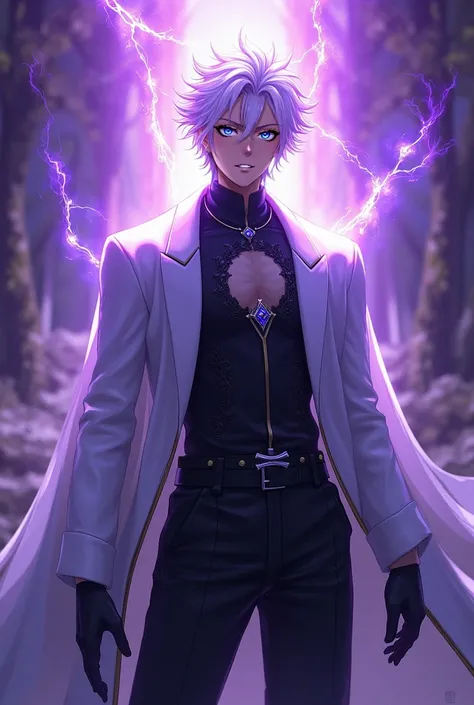 Gojo Satoru has a purple aura, wears black clothes, white clothes on top, white all-white hair, and blue eyes