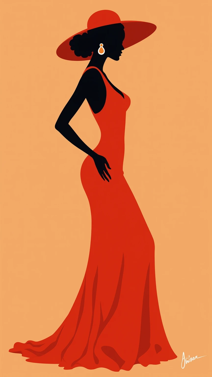 Illustration of a woman in a hat and dress，in a red dress, digital art of an elegant, Elegant woman, Elegant lady, elegant profile pose, Red dress and hat, Wearing an orange sundress, woman with hat, stylized silhouette, Elegant girl, half-turned lady in e...