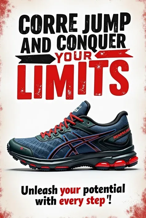  The image shows a brand design and advertising for a sports shoe sales service .  The logo and slogan The main ones are found in the upper part of the image , with the Text "Corre,  jump and conquer your limits " highlighted in a typeface style like the c...