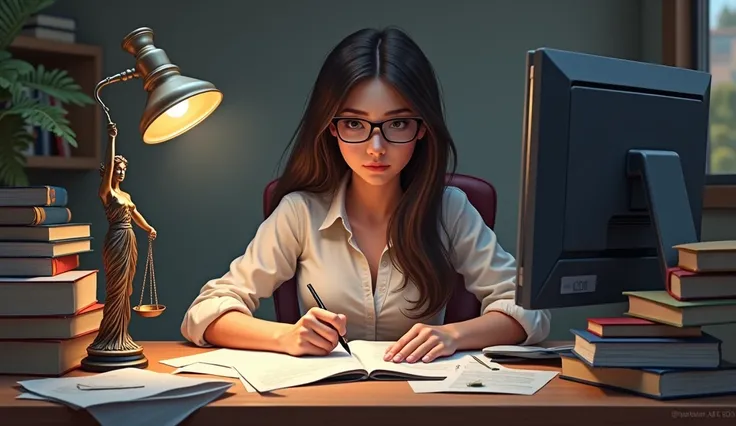 old realistic drawing PC wallpaper of a young woman wearing glasses writing on her computer with papers and books on law and laws and statue of the goddess of justice on the desktop