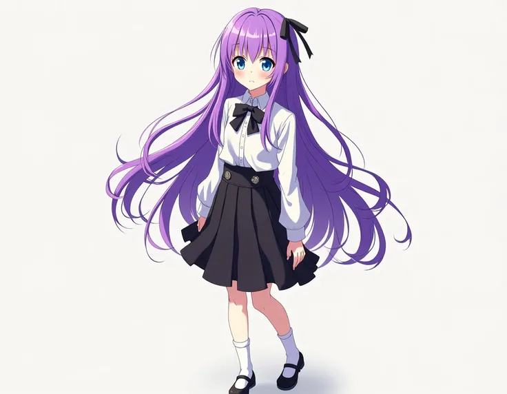 A girl, anime, long hair, pretty blue eyes, purple hair, pretty hair color, fair skin, pretty, white shirt, black bow tie around neck, not so ish aesthetic, bungou stray dogs, black skirt, black mary jane, white socks, leg warmers, adult, is standing. 