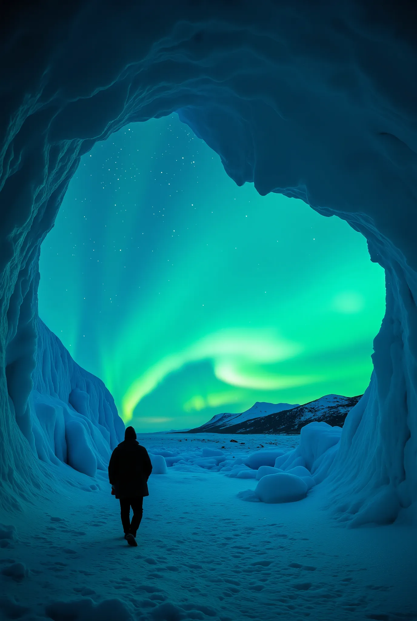 a , frozen,  glacier showing the immensity of the glaze,  with a bright cyan aurora borealis light , green:1. 5 beautiful colors...