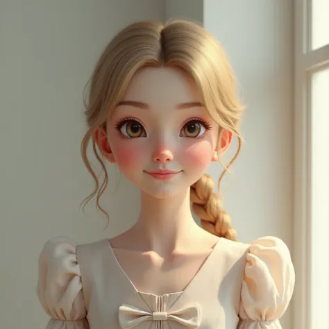 4k, superrealistic , half body. Portrait of European girl(blonde hair). Cherish smile—calming expression. Polite dress.