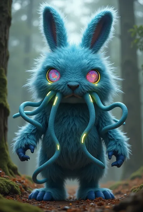 Design a series of creatures that blend familiar and bizarre elements in unexpected ways. Start with the Fluffernox, a creature that looks like a giant, fluffy rabbit but has glowing, liquid-like tentacles that change color based on its environment. Its ey...