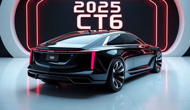 A captivating image of a 2025 Cadillac CT6 center stage in a luxurious white showroom. The futuristic, vibrant (Crystal Black) exterior gleams, showcasing its sleek, aerodynamic design and bold accents. The words 2025 Cadillac CT6 are prominently displayed...