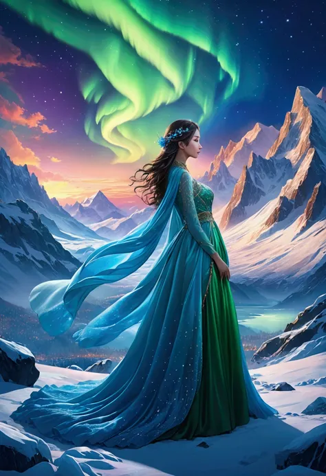  Majestic snowy mountains 、Northern Lights、Icy glacier 、Exotic beauty 、 Beautiful fantasy painting 。Inspired by：Nene Thomas， fairy tale world ，Elf Princess，Silk fabric， Mysterious Atmosphere， starry sky 。 dramatic lighting、Hyper-Reality、8k、Award-winning ph...