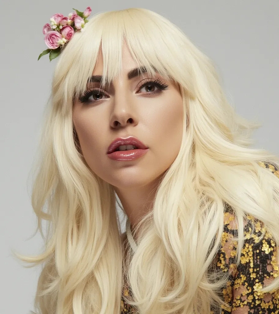 Lady gaga with blonde hair with bangs, long hair, high resolution,  very long hair,  Best Quality 