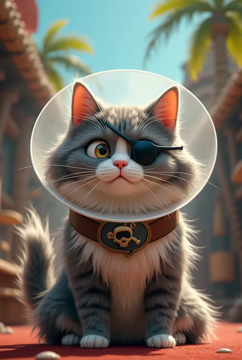 peux tu faire une affiche de film avec un chat aux poils longs et un cache oeil sur le chat et met lui une colerette de vetrrinaire. Le maitre brun aux cheveux courts. toujours sur le theme pirate. le chat est gris et blanc. et le maitre met le plus pres d...