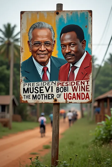 A sign post reading president museven the mother of Uganda 
Bobi wine the son of Uganda