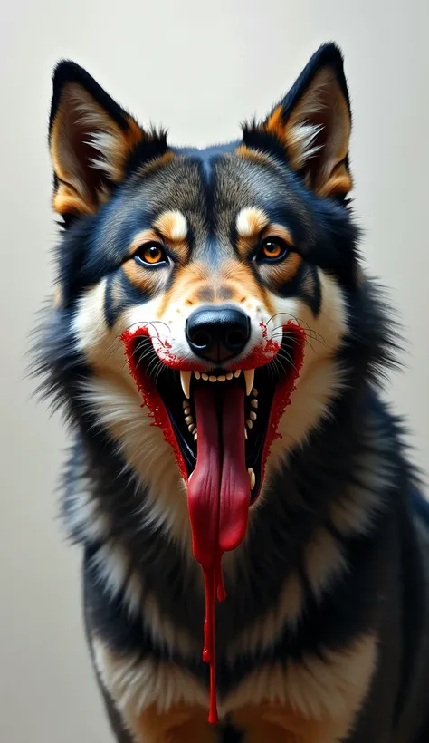 teeth, horror_(theme), blood, looking_at_viewer, no_humans, traditional_media, sharp_teeth, solo, open_mouth, realistic,
a painting of a wolf with a bloody face, ebay listing thumbnail, realistic horror, necromorph, the artist has used bright, streaming on...