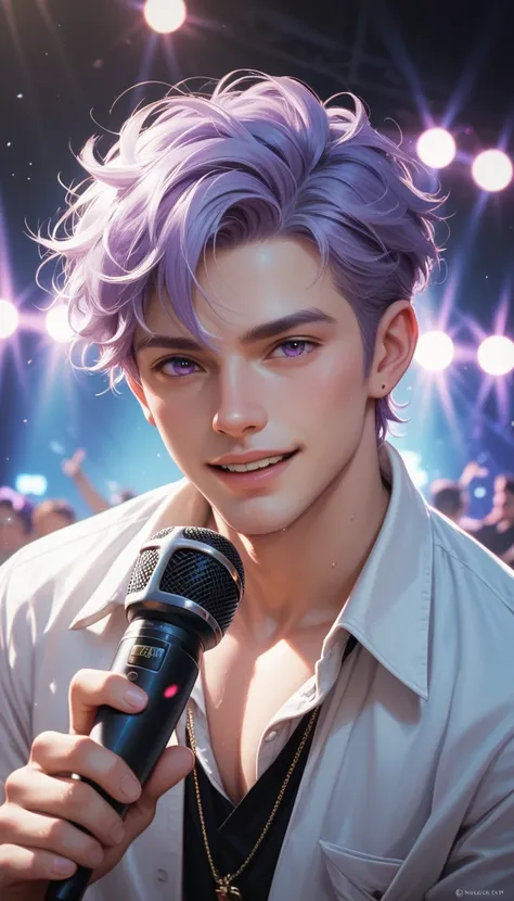 Light purple hair male, focus face, speak into the microphone