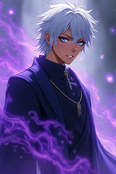 Gojo Satoru has a purple aura, white hair, and blue eyes