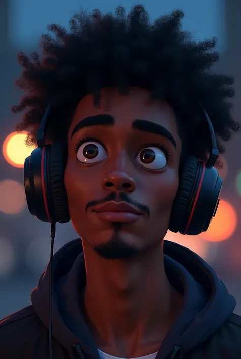 men, afro, Young, With little hair, with little mustache, With little goatee , big eyelashes, at night, with headphones, No disney pixel style
