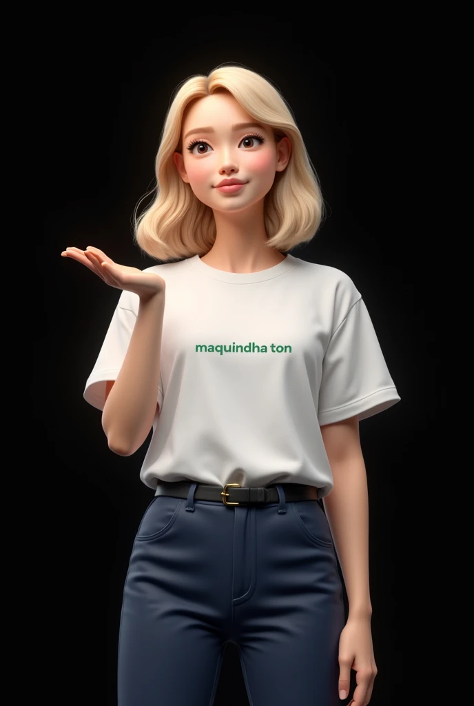  Create a virtual assistant ,  that is on a black background . She has dark eyes and blond hair and her hair is medium size .  She is wearing a white t-shirt that in the middle is written Maquininha TON in the color green, and navy blue pants . She is sayi...