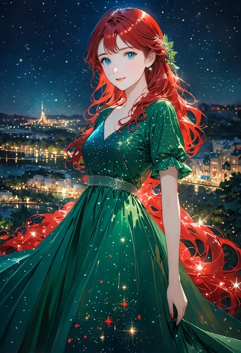 Girl in green dress with red long shiny red hair with shiny blue eyes and night sky with shining stars in night