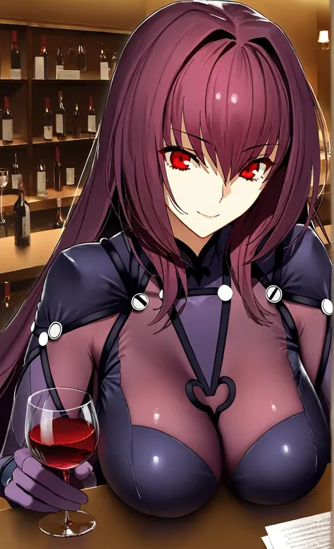  High resolution,  masterpiece, necessary,  The best quality, Detail, quality,  lyrics,  very detailed, Desde un lado

1girl, solo, smile,

Scathach,  scathach fate ,  scathach fate  grand order,  long hair , red eyes,  tight suit, wine, wine glass, wine b...