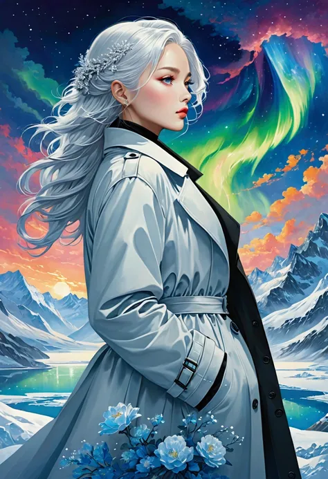  Majestic snowy mountains 、Northern Lights、Icy glacier 、Exotic beauty 、 Beautiful fantasy painting 。Inspired by：Nene Thomas，Half Body ,1 Girl，
Long trench coat,Elegant, minimal style, death style accessories，Silver Hair，Hip-hop elements ， in strong colors ...