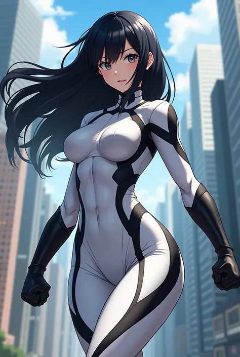   My Hero Academia style ,     anime girl  , woman, young woman ,    full body shot  ,(  Fighting Stance  :1.3),Long Hair,  black hair,    dark eyes ,  hero suit, Full Body Suit,  White suit with Black details , perfect anatomy,  Reinforced ABS ,  super de...