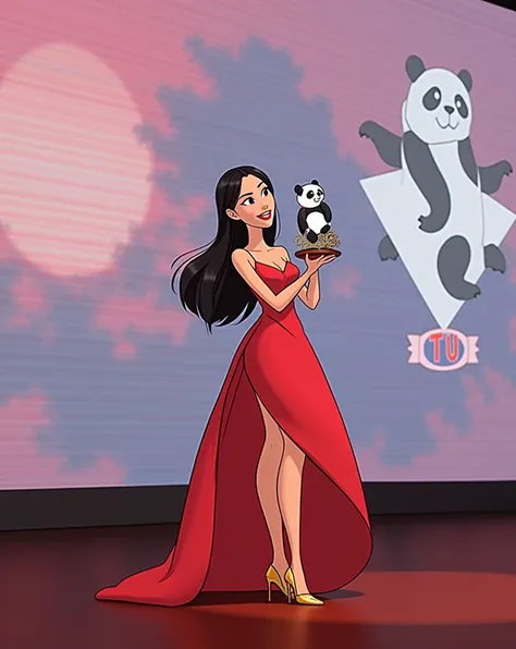 Woman 30 years, long black straight hair, wearing red v strap long taffeta ball gown dress with gold strap high heels sandals. 
Thanking on microphone and Holding award in the form of a small white and black panda 🐼, with pink and blue background screen th...